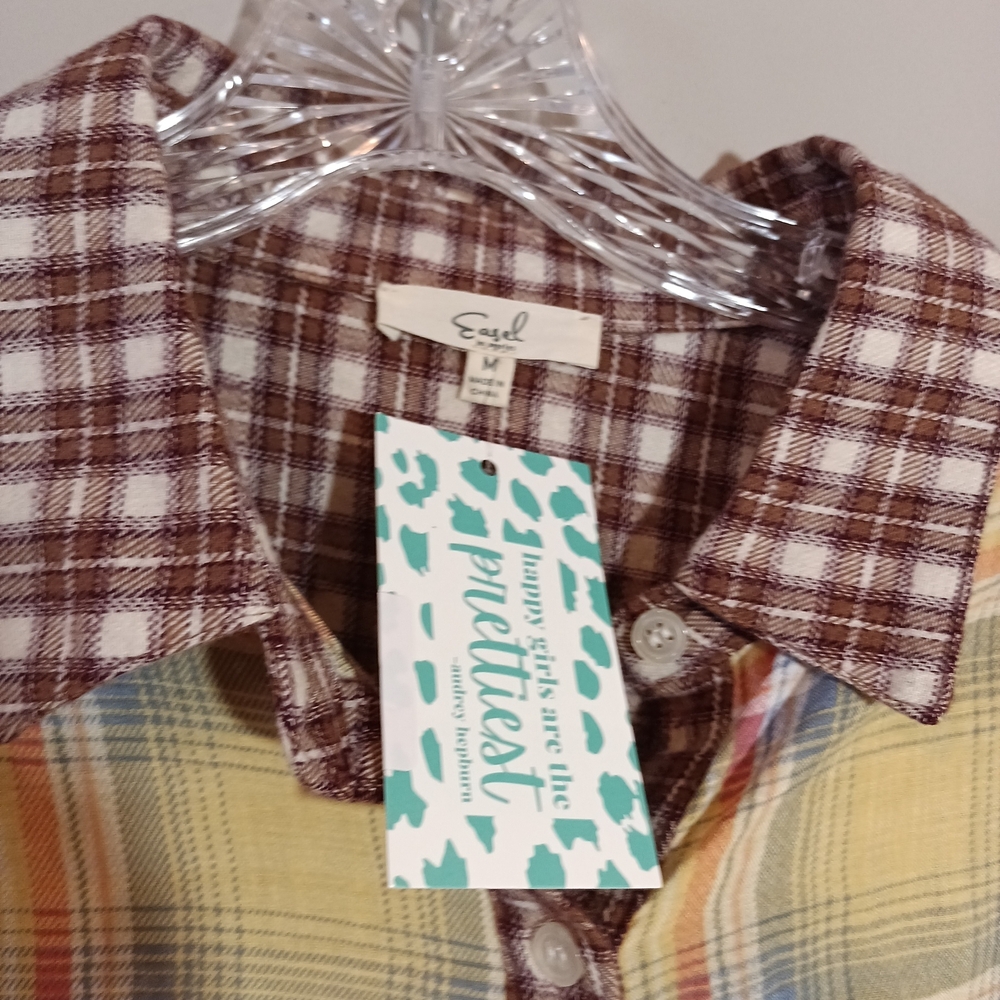 Easel Patchwork Oversized Floral Mixed Print Boho Button Up Top Size M Nwt New - Picture 8 of 9